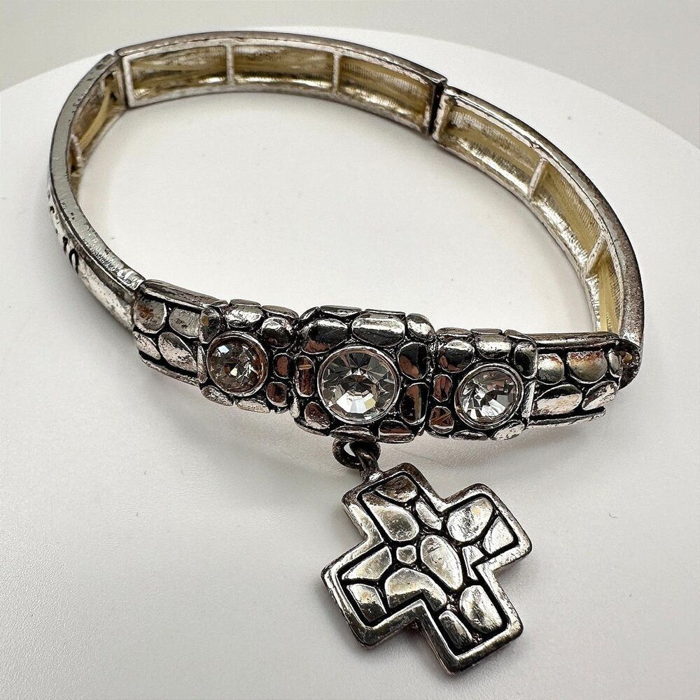 Vintage Y2K Religious Rhinestone Bracelet Psalms 46:10 Charm Silver Tone Jewelry